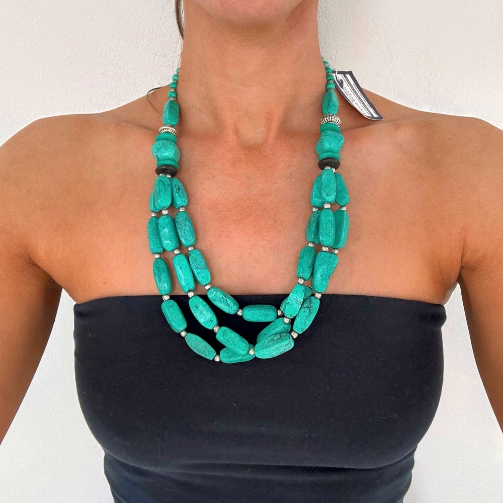 Turquoise multi-strand beaded statement necklace with silver accents